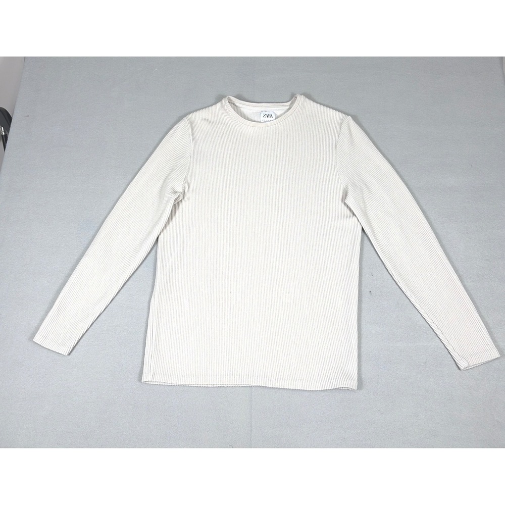Zara Womens Ribbed Long Sleeve Crew Neck Top Cream Off White Size Medium
